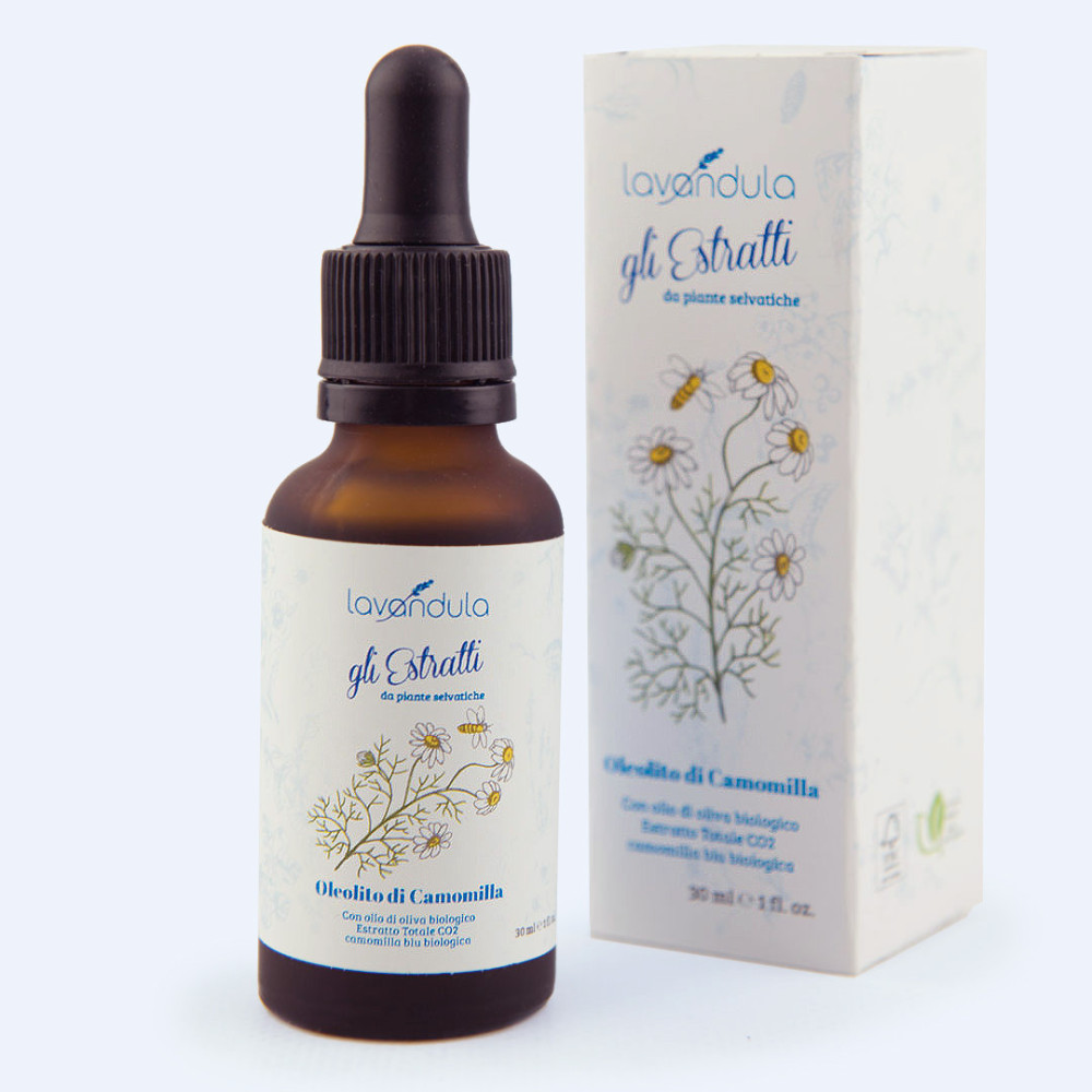 Oleolito di camomilla con olio di oliva biologico, estratto totale CO2 camomilla blu biologico, vitamina E